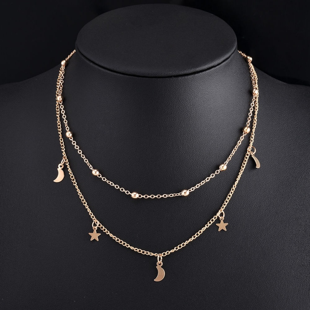 Moon & Stars Gold Layered Choker Bib Necklace - Picture 3 of 6
